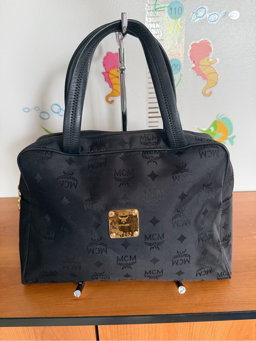 MCM Black Logo Jacquard Tote with Gold Plaque